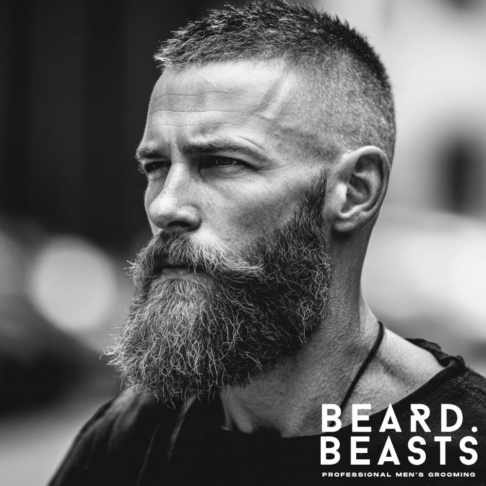Crew cut hairstyle for men with a thick full beard, combining tight cropped hair with rugged facial hair for a bold, masculine look