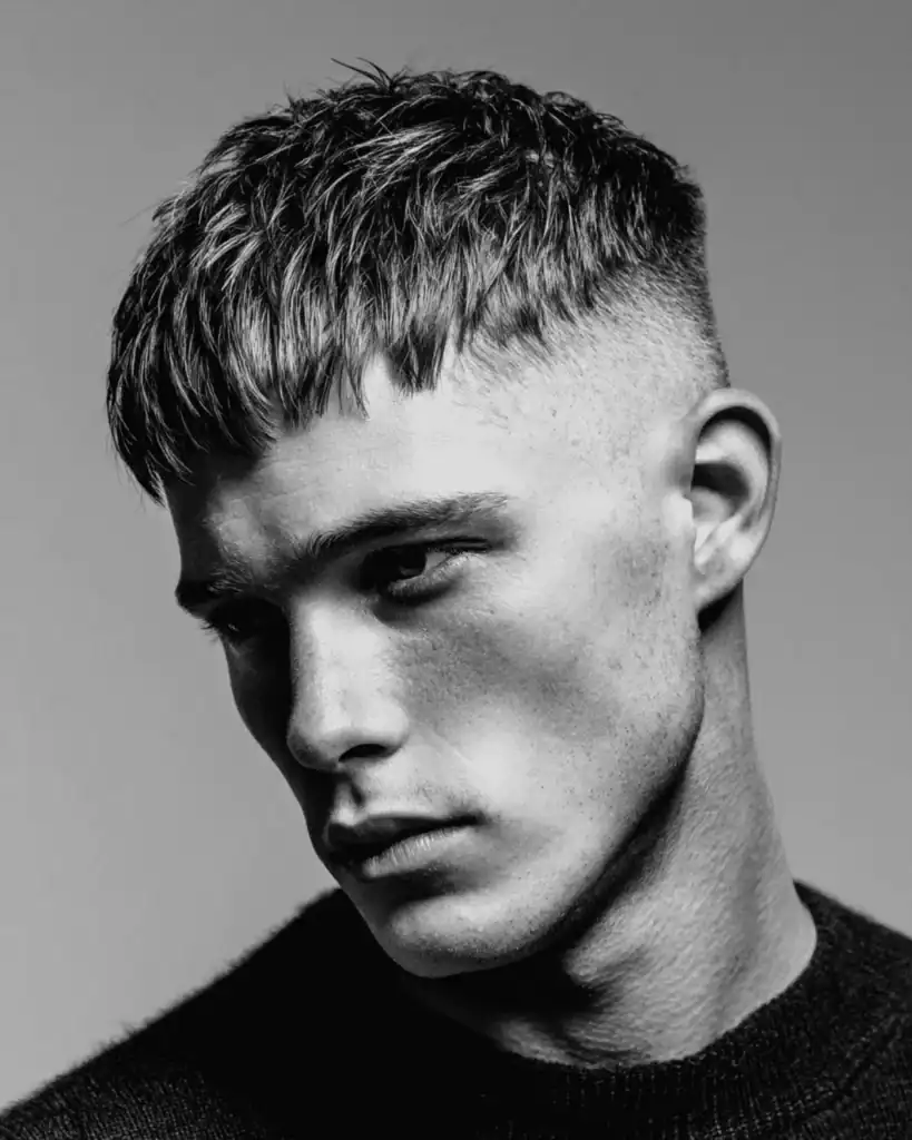 cropped textured fringe with high skin fade