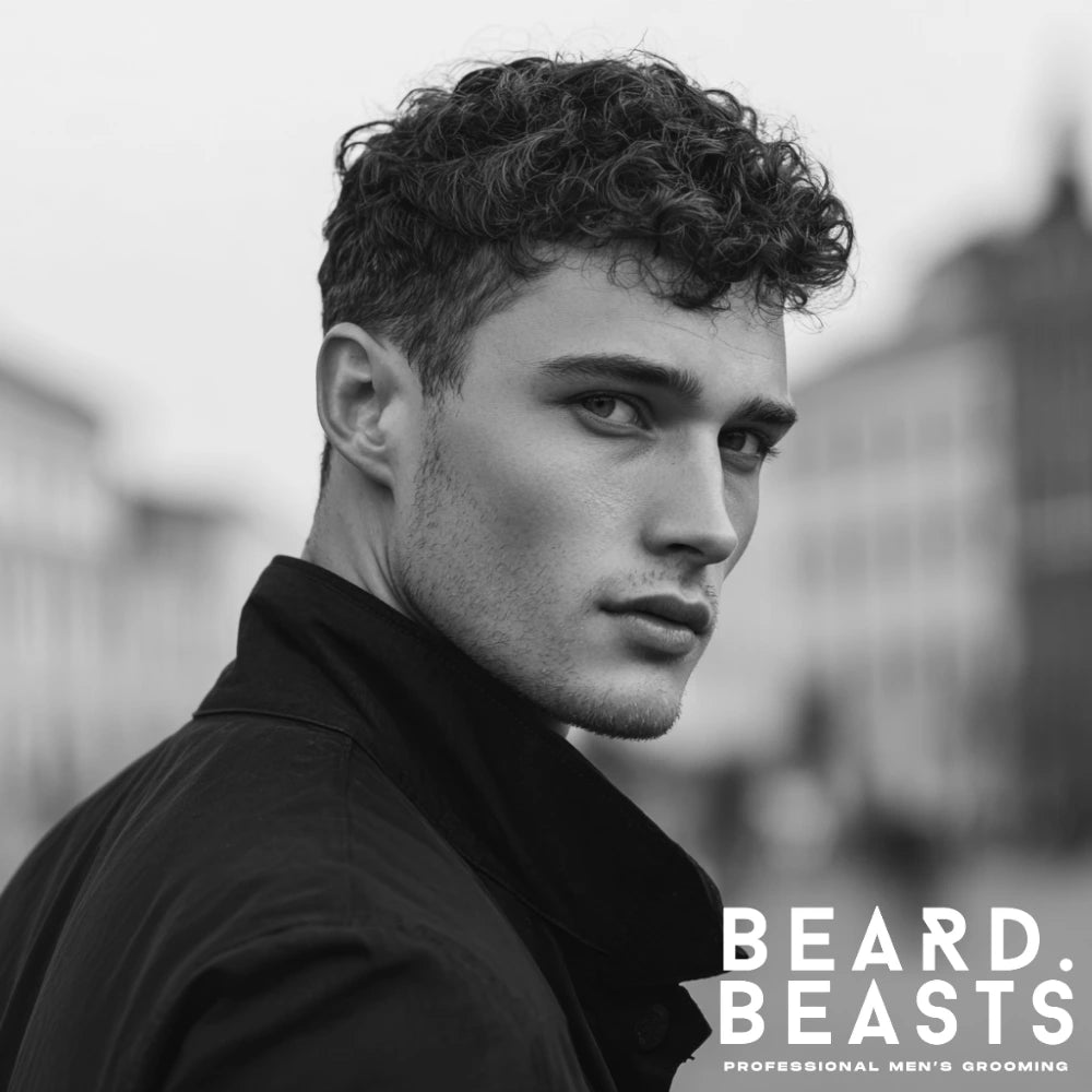 Curly crew cut hairstyle for men featuring natural textured curls on top with faded sides, ideal for a clean and stylish look.