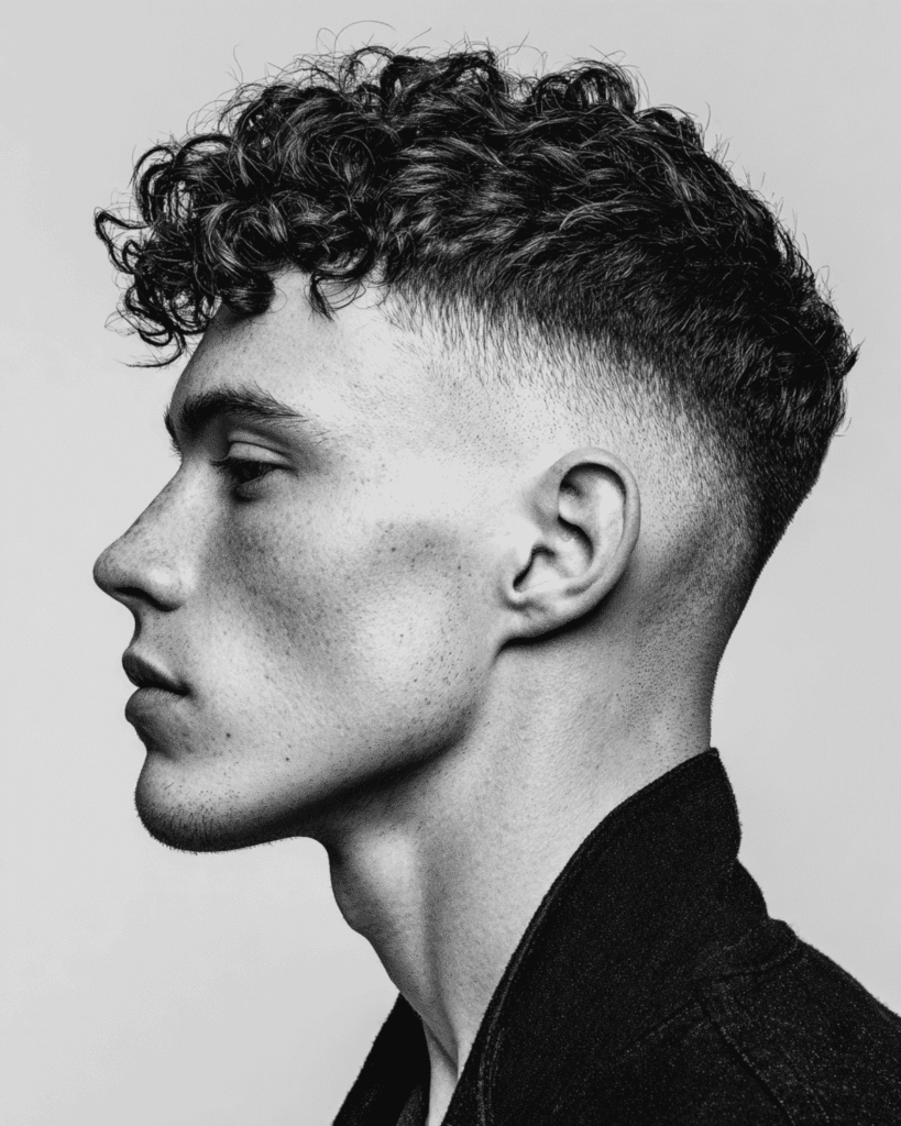 man featuring a high skin fade with a curly, textured fringe