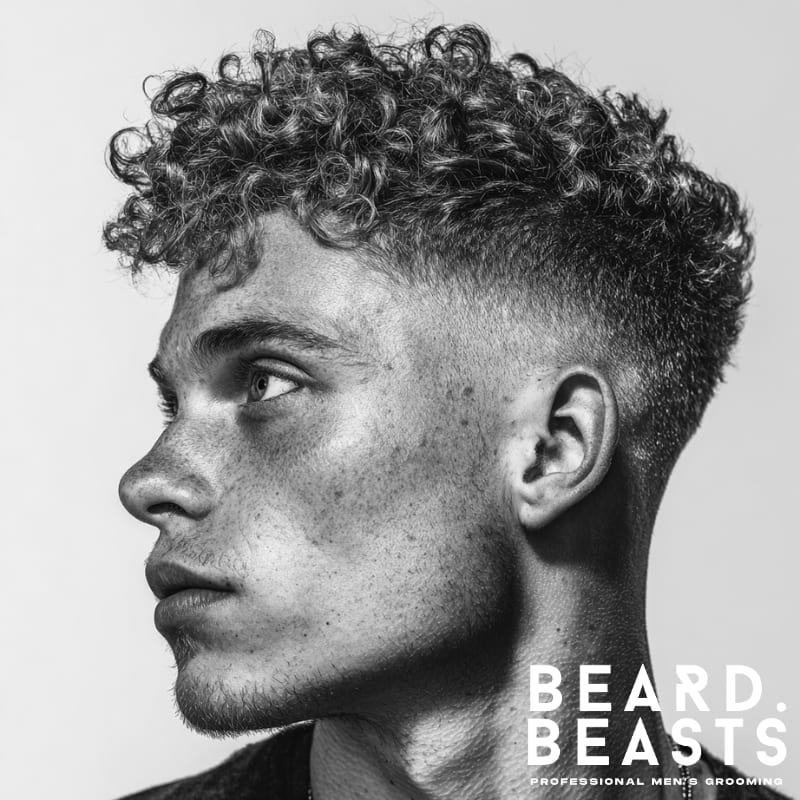 Curly skin fade textured crop hairstyle for men, featuring natural curly texture on top with a clean skin fade on the sides for a bold and dynamic look.