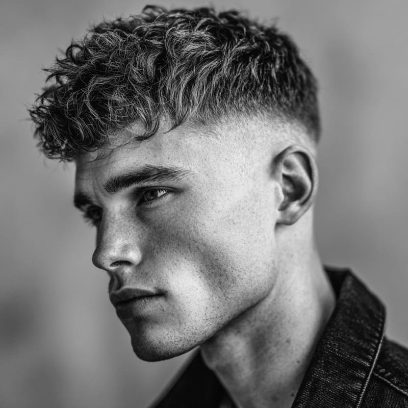 Drop fade textured crop hairstyle for men, featuring a smooth drop fade with voluminous, curly texture on top for a dynamic and bold look.