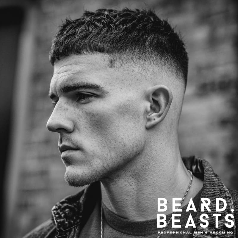 A man showcasing a thick crew cut hairstyle with a voluminous top and a razor-sharp skin fade on the sides.
