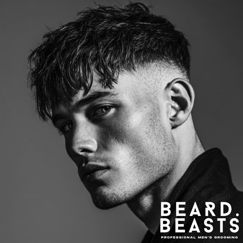 High skin fade long textured fringe hairstyle with voluminous texture on top, creating a bold contrast with the clean fade on the sides.