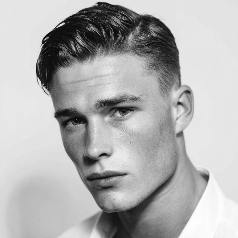 A man showcasing a polished Ivy League crew cut hairstyle, featuring a longer top elegantly swept to the side with clean, tapered sides.