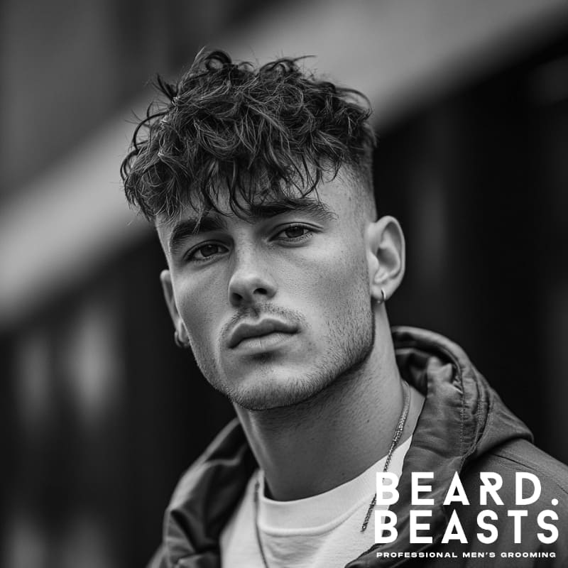 Professional young male model with a messy wavy textured crop, featuring natural, tousled waves on top and a subtle fade on the sides. The hair is styled with volume, creating an effortlessly relaxed look that enhances the natural texture. This casual, low-maintenance hairstyle offers a modern and edgy appearance, perfect for those seeking a stylish yet carefree vibe.