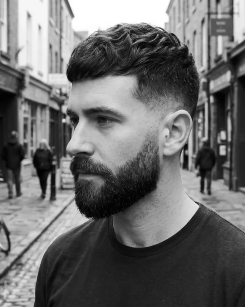 mid fade wavy textured crop haircut with beard, side profile black and white