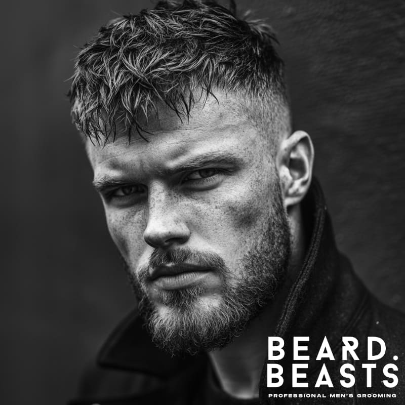 Close-up black and white portrait of a man showcasing a modern short textured fringe with a high fade haircut.