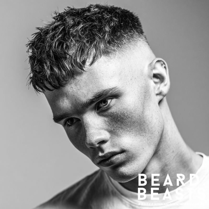 Front view black and white portrait of a man with a modern short textured fringe and a clean skin fade haircut, highlighting popular short men's hairstyles.