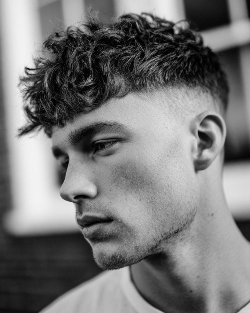 skin fade wavy textured crop haircut with curly texture, side profile black and white