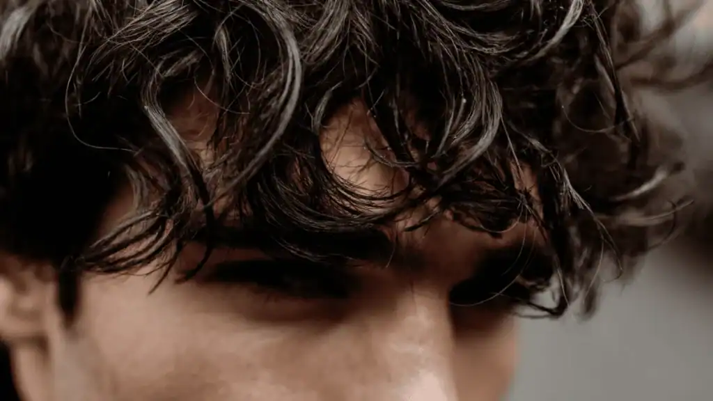 Close-up detail of dark wavy hair texture with defined S-curl pattern and damp styling for a wavy textured crop haircut.