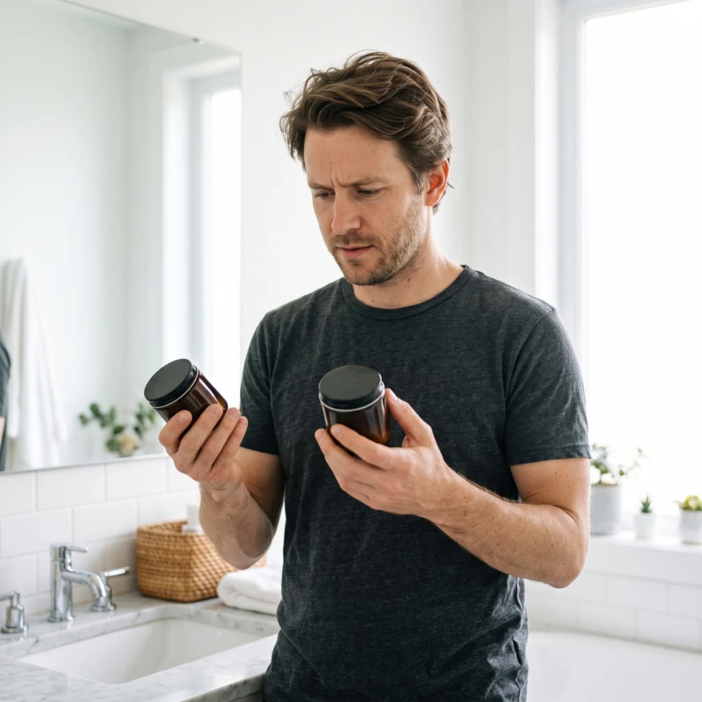 Man comparing two hair styling products while deciding which type of hold is right for his hair.