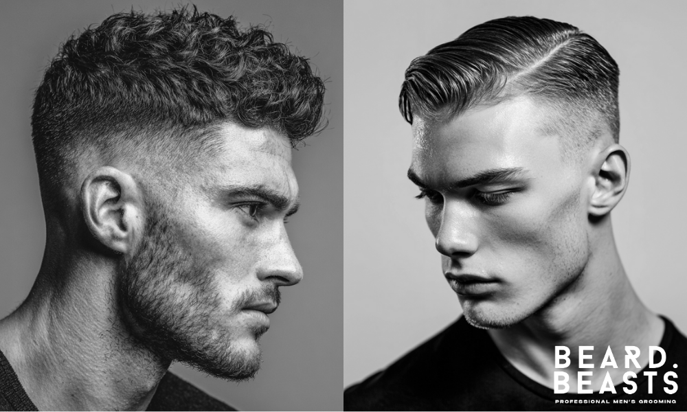 Side-by-side comparison of a man with a textured hairstyle using hair clay and a man with a slicked-back hairstyle using hair gel.