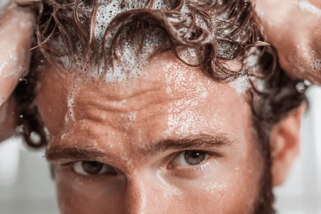Man washing short hair in shower to remove hair clay or hair gel product buildup