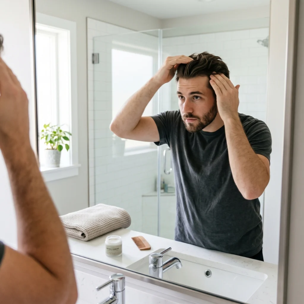 Man applying hair styling product evenly through his hair without using too much.