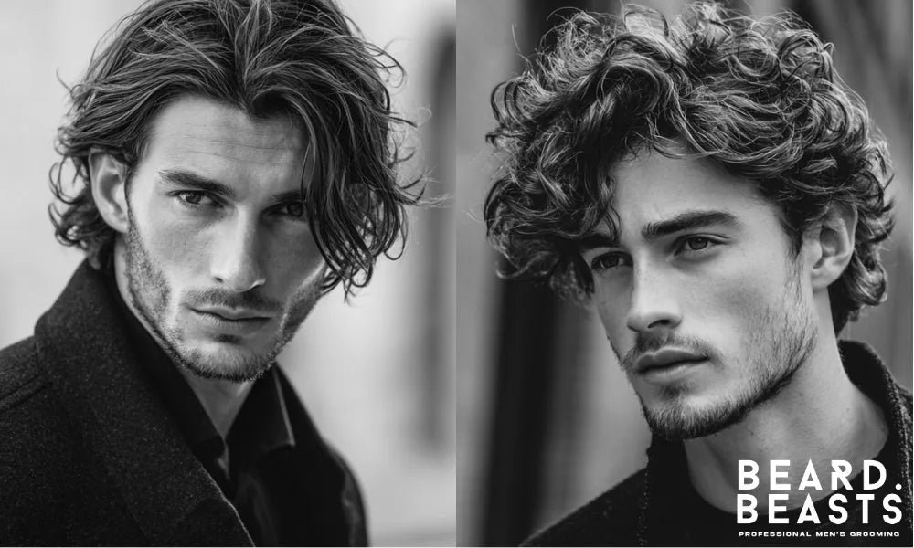 Side-by-side black-and-white portraits of men’s hairstyles — left showing mousse-styled hair with volume and lift, right showing curling cream–styled hair with defined curls and frizz control.
