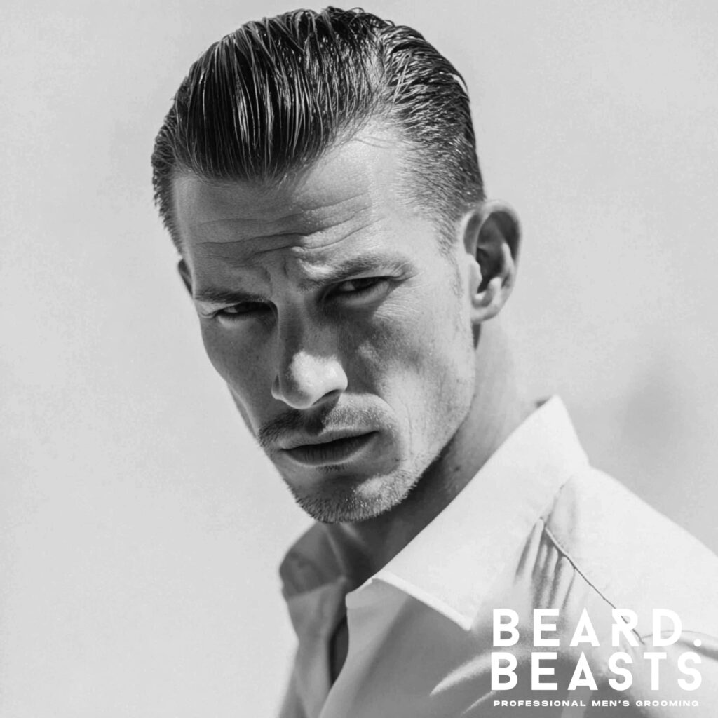 Man with a slick back hairstyle styled using pomade, showing smooth control, structure, and shine.