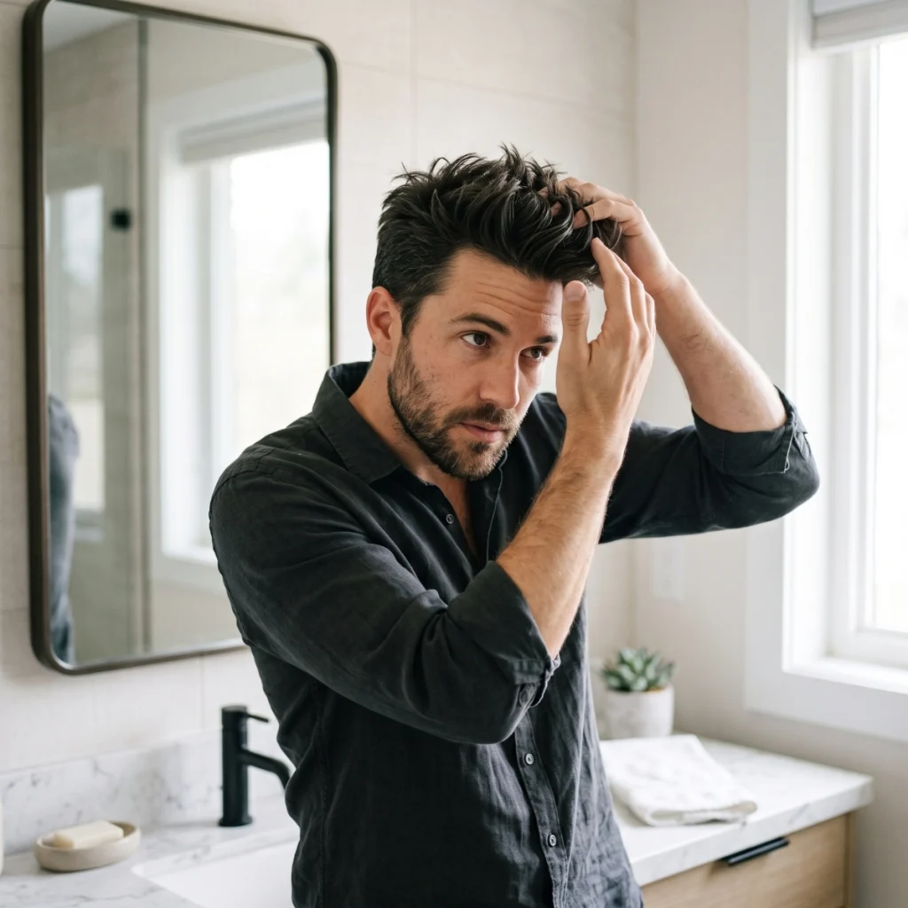 Man styling his hair with his fingers to create a matte, textured finish with visible separation.