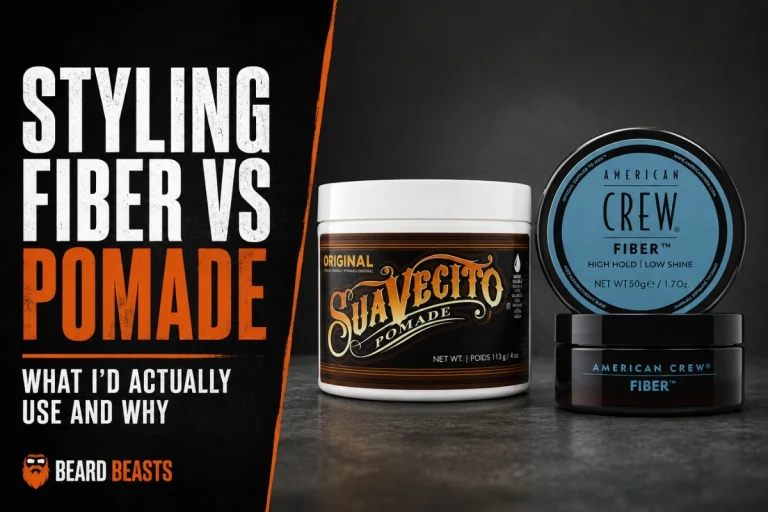Styling fiber vs pomade comparison featuring American Crew Fiber and Suavecito Original Hold Pomade.