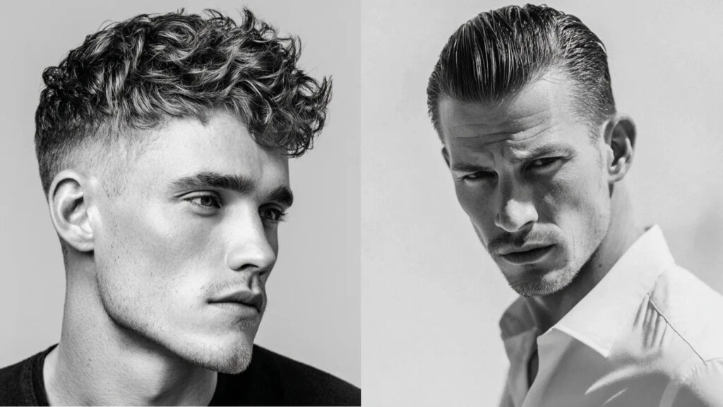 Side-by-side comparison of men’s hairstyles showing styling fiber with a textured crop and pomade with a slick back.