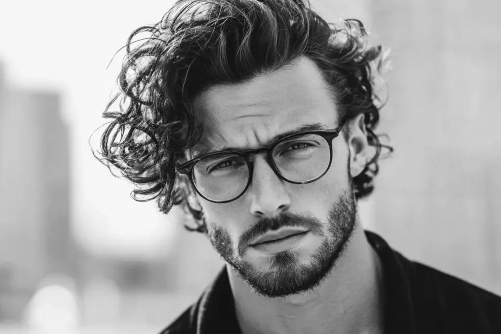 Man with curly hair, glasses, and beard showing how a good beard completes the overall look