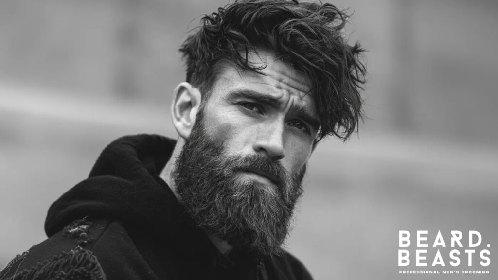 Bearded man with a full beard and layered hairstyle showing the benefits of facial hair for men