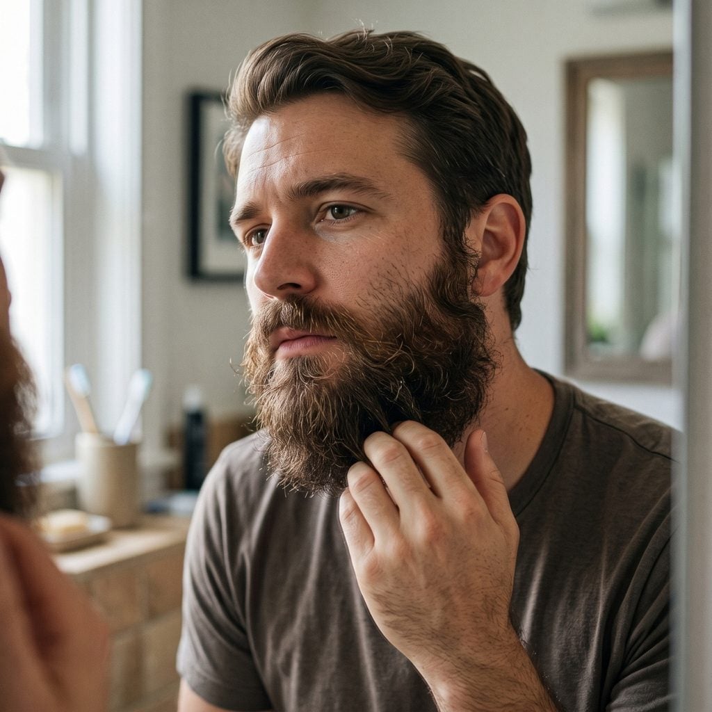 Man checking a full beard with hairs growing in different directions