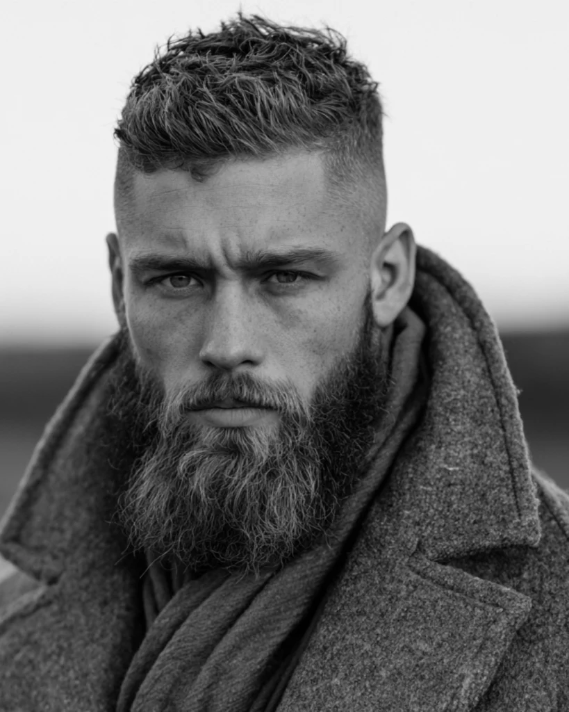 Bearded man wearing a heavy coat outdoors in cold weather, showing how facial hair can add some comfort and protection from wind