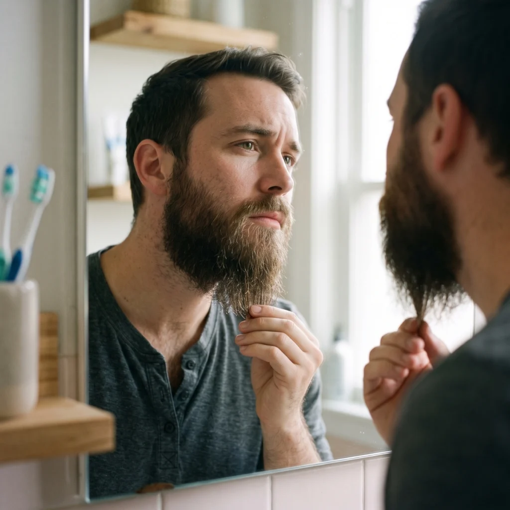 Man checking a beard that looks full near the face but thinner and stringier at the bottom