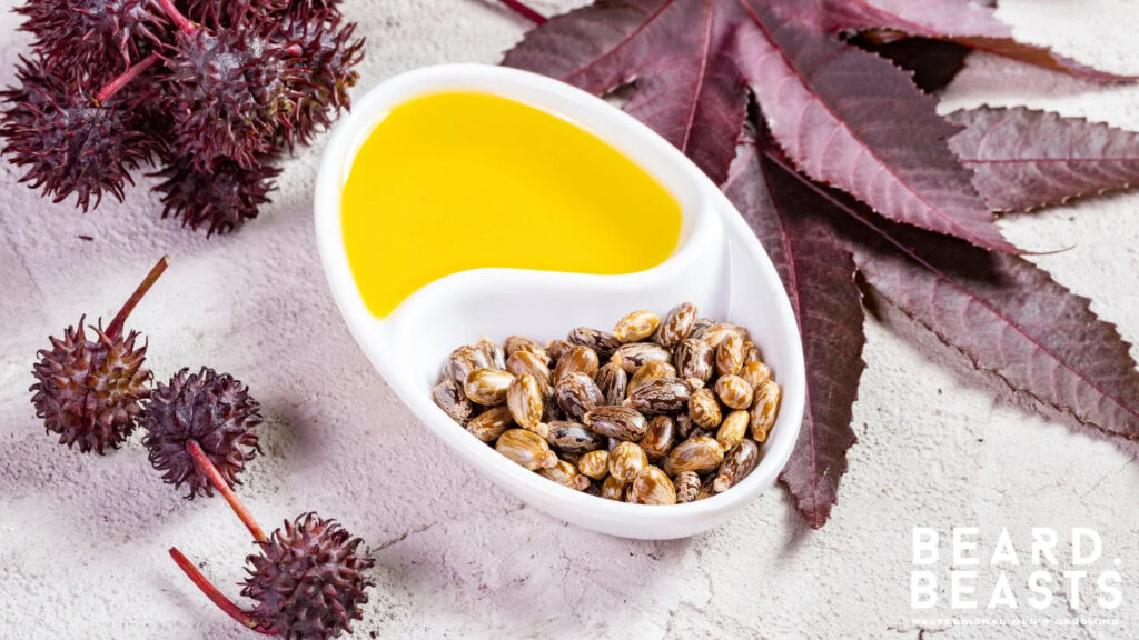 Castor oil in a white bowl with castor seeds and plant leaves, a thick carrier oil that supports beard growth and strength.