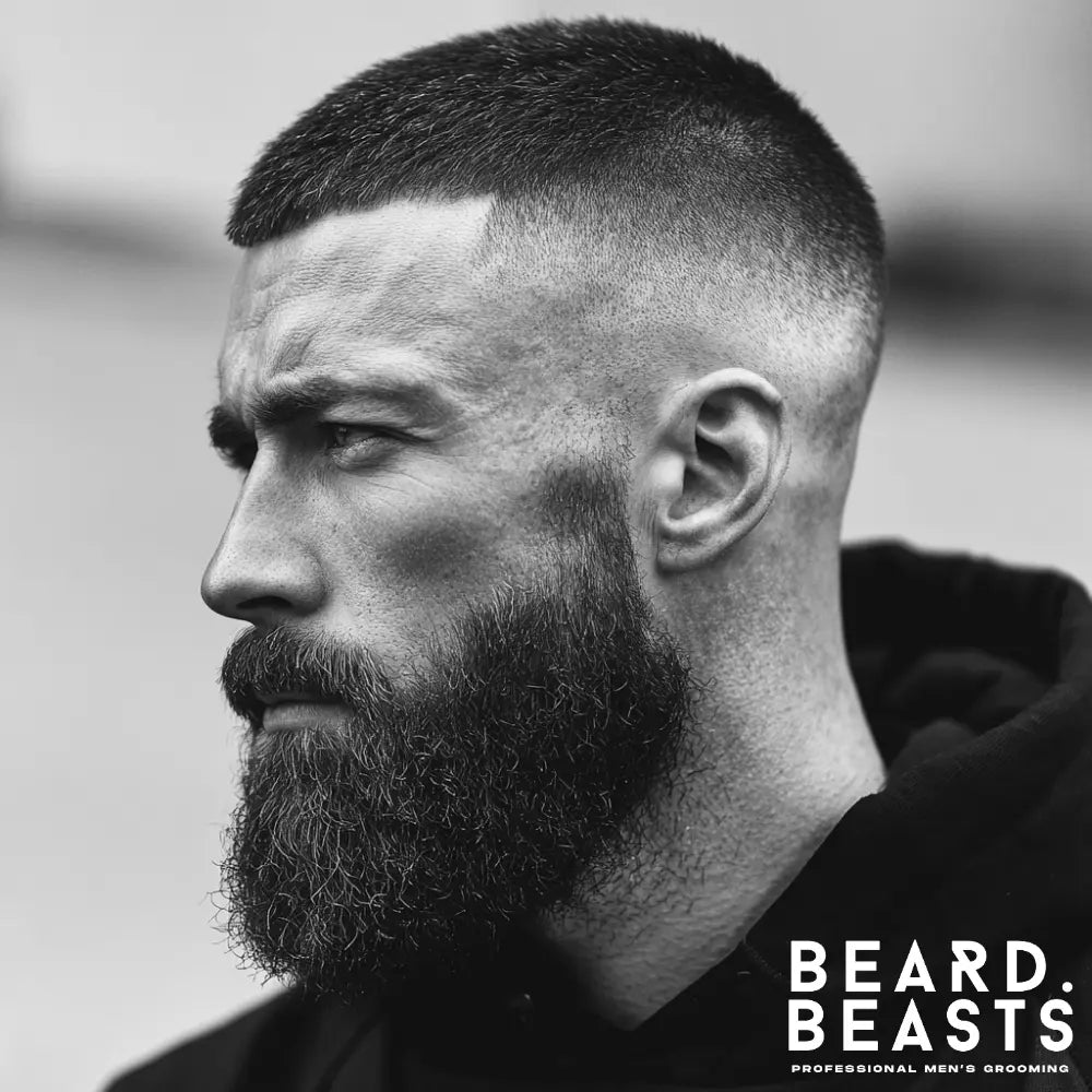 Man with a classic full beard featuring slightly shorter sides and a drop fade haircut, a balanced look for a heart-shaped face