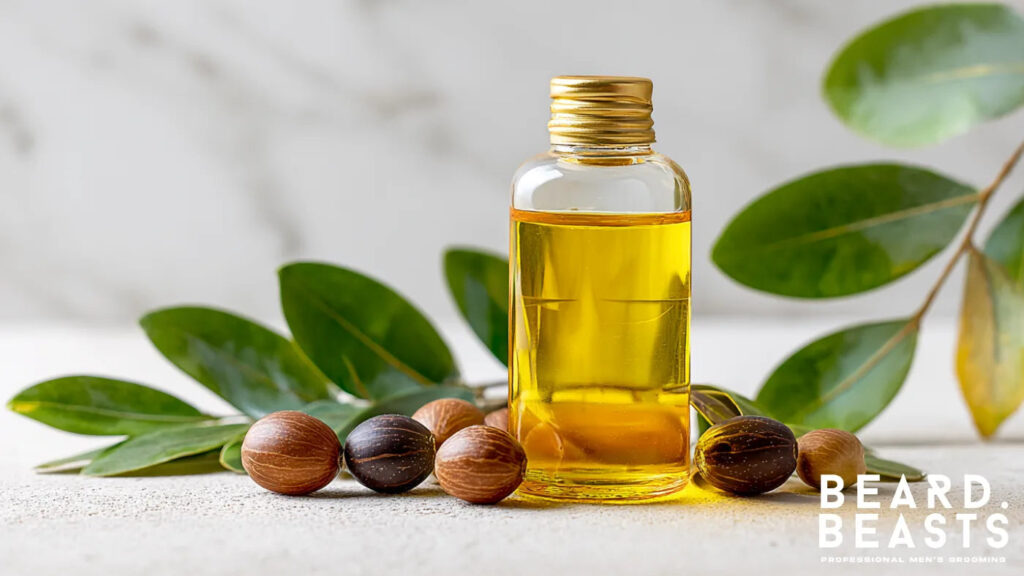 Glass bottle of golden jojoba oil with fresh leaves and seeds, a natural carrier oil for beard care and grooming routines.
