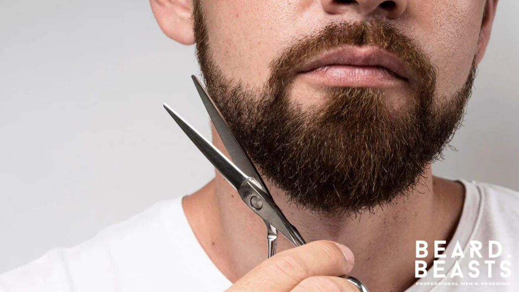 Close-up of a man trimming his scraggly beard with scissors, demonstrating beard grooming to maintain shape and reduce split ends.
