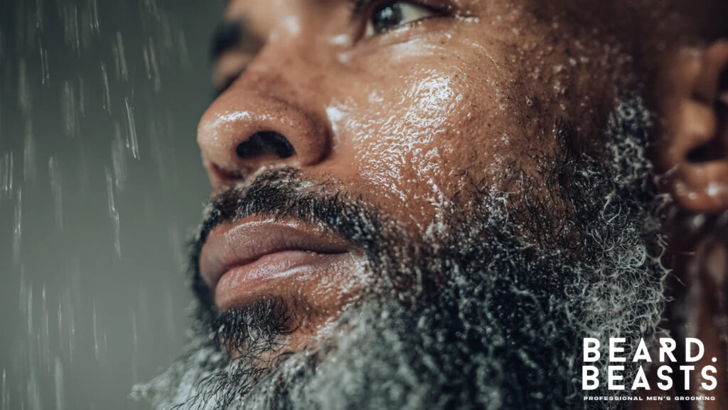 Close-up of a man washing his beard under running water, showing proper beard care and cleansing as part of a grooming routine.
