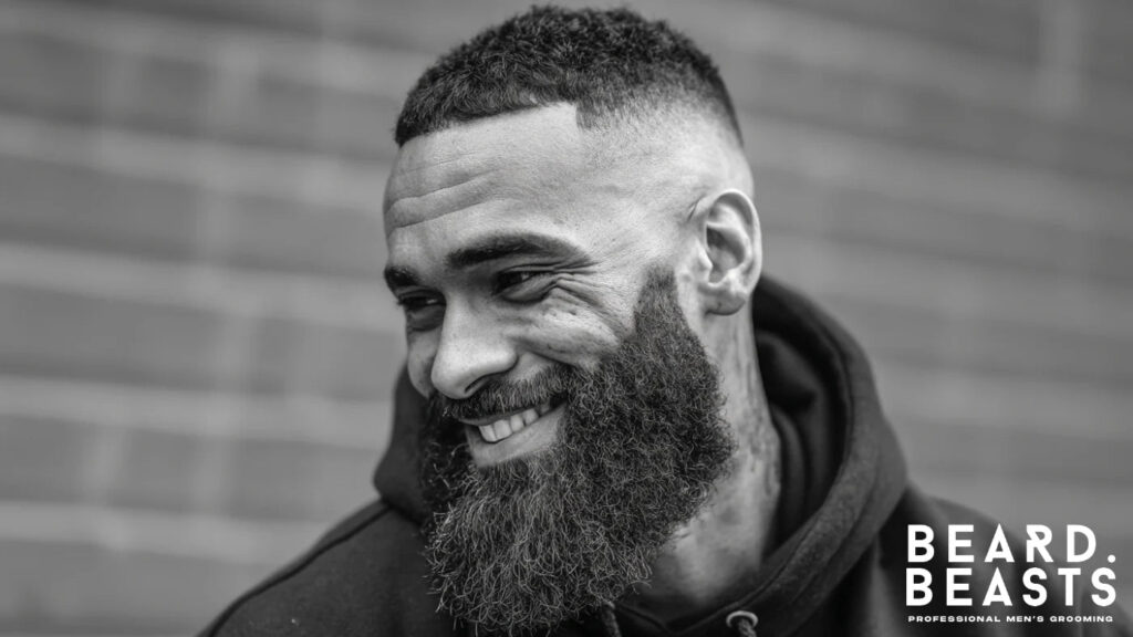 Man with a thick full beard and drop fade haircut highlighting the benefits of facial hair for men