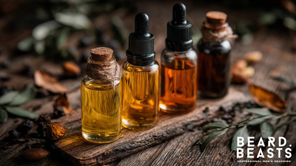 Close-up of glass dropper bottles filled with natural carrier oils for beard care, displayed on rustic wood with leaves and nuts.