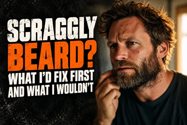 Man examining a scraggly beard beside text reading what I’d fix first and what I wouldn’t
