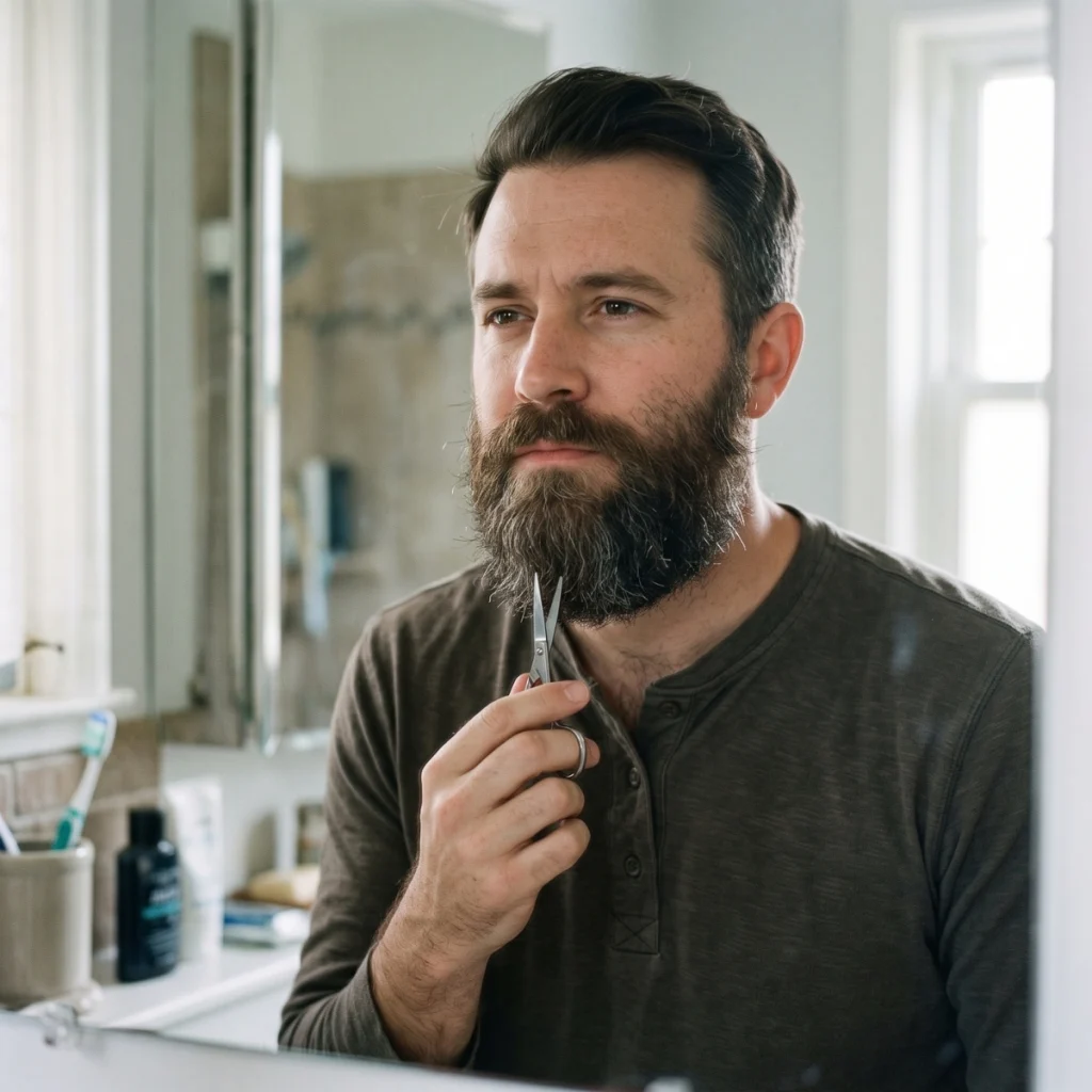 Man holding grooming scissors while checking a full beard with a few stray hairs