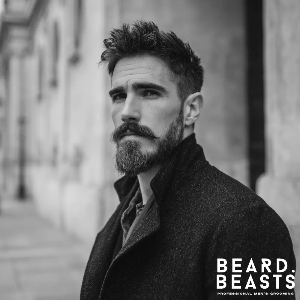 Man with a Verdi beard featuring a rounded full beard and styled moustache, a flattering beard style for a heart-shaped face