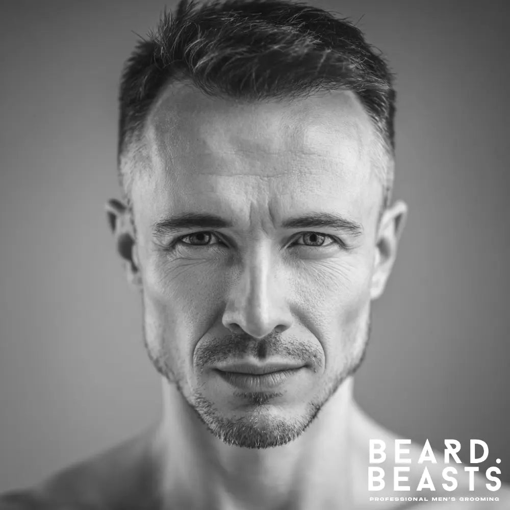 Front-facing portrait of a man with a broad forehead, defined cheekbones, and tapered chin illustrating the features of a heart-shaped face