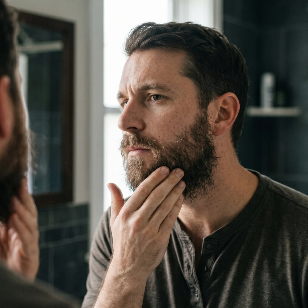 Man checking a scraggly beard with uneven growth and loose shape in the mirror