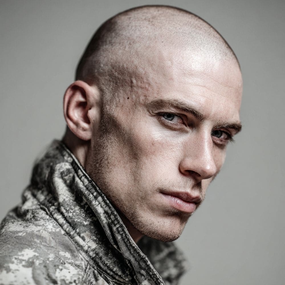 Man with a bald cut hairstyle, featuring a fully shaved head and military uniform, representing a bold and disciplined military haircut for men.