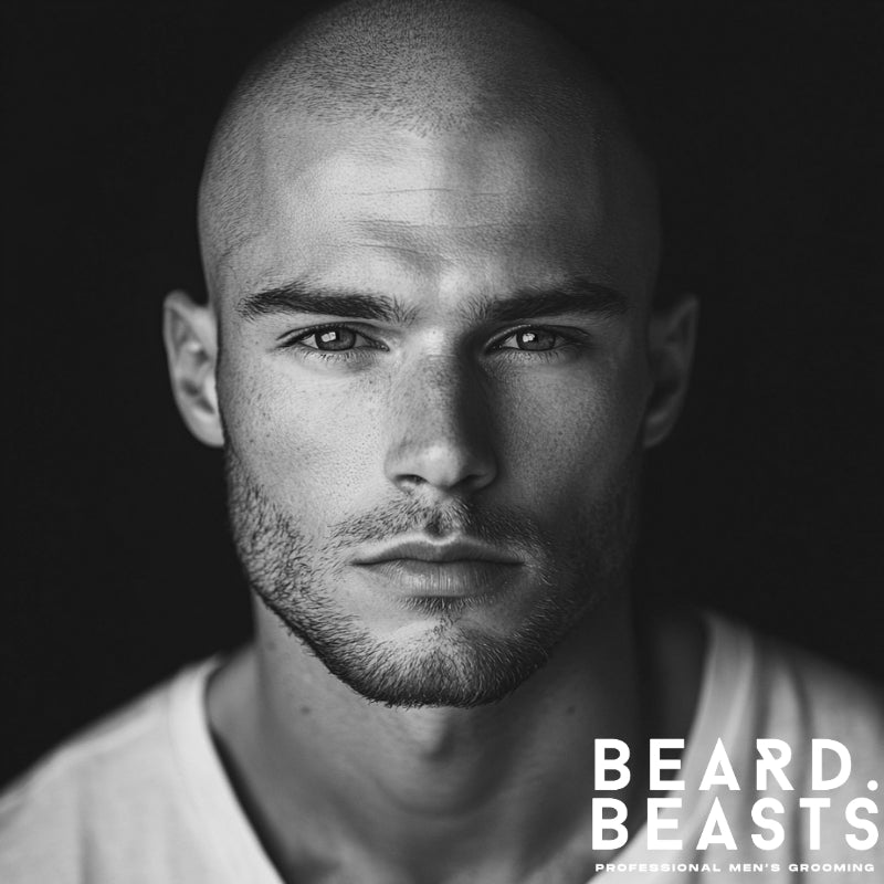 Man with a buzz cut number 0 and light stubble beard, showcasing clean-shaven style and sharp jawline – Beard Beasts professional men’s grooming aesthetic.