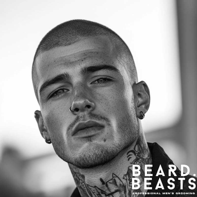Man with a sharp Buzz Cut Number 2 hairstyle and neck tattoos, showcasing a clean, low-maintenance haircut with minimal scalp exposure. Ideal for modern, masculine grooming styles – featured by Beard Beasts.