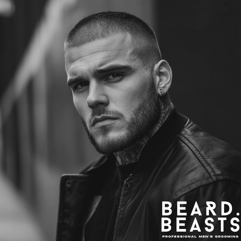 Man with a Buzz Cut Number 3 and full beard wearing a black leather jacket — showcasing a clean, masculine buzz cut hairstyle ideal for thick hair and strong jawlines, featured by Beard Beasts.