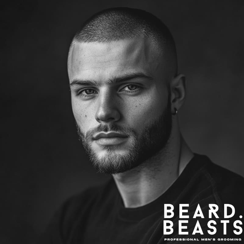 Black and white portrait of a stylish young man with a Buzz Cut Number 4 haircut and full beard, wearing a black shirt and earring, showcasing a clean, masculine grooming style by Beard Beasts.