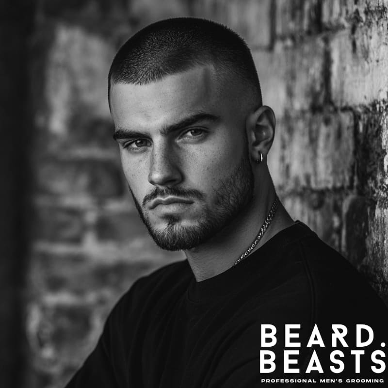 Man with a buzz cut number 5 hairstyle and full beard, wearing a black shirt and chain necklace, standing against an urban brick wall – Beard Beasts professional men's grooming.