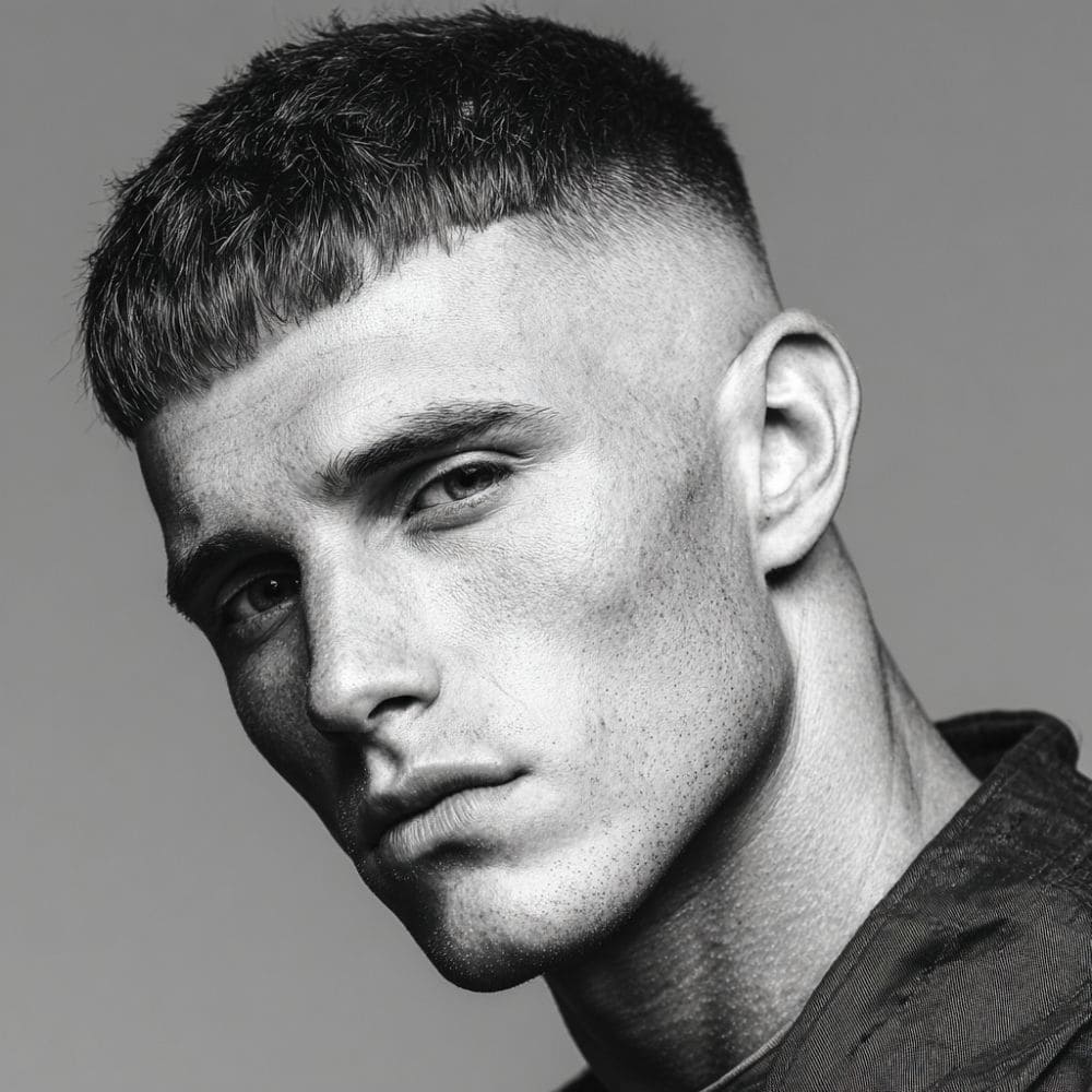 Man with a Caesar cut hairstyle, featuring short even length with a forward fringe and faded sides, showcasing a structured military haircut for men.
