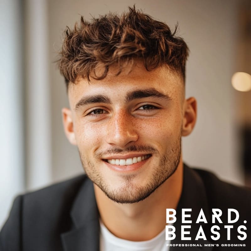 Smiling man with a classic messy crew cut and skin fade, featuring tousled textured hair on top and cleanly faded sides — modern men’s hairstyle example by Beard Beasts professional grooming brand.