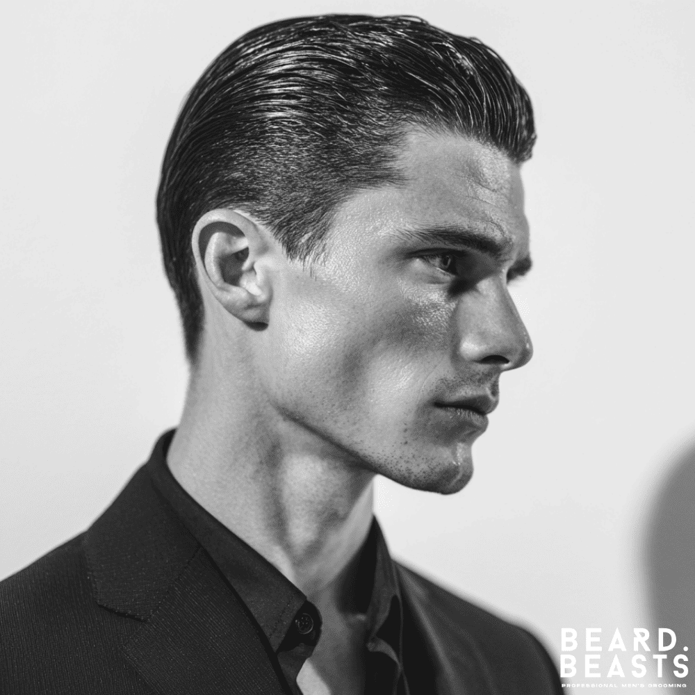 A professional black and white studio portrait of a male model with strong facial features. He is shown in profile, showcasing a classic slicked-back hairstyle and wearing a dark suit jacket.